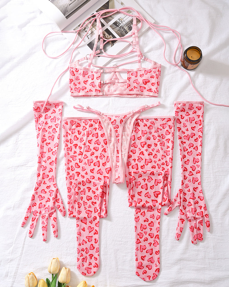 Pink heart print lingerie set with mesh gloves and stockings, perfect for romantic nightwear