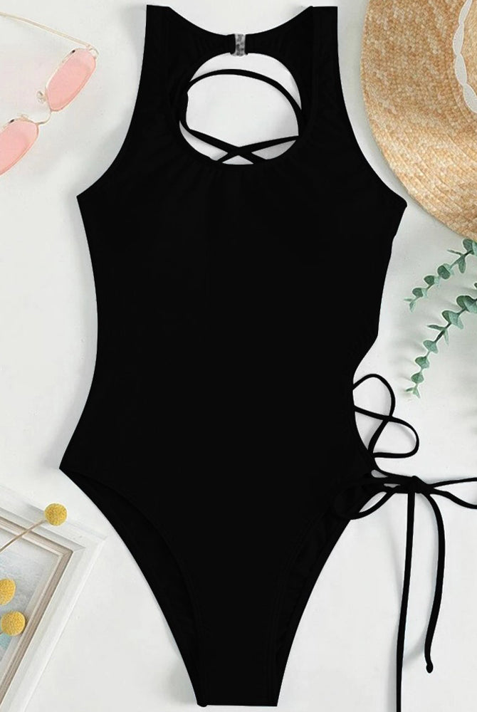 Black one-piece swimsuit with halter neck, keyhole back, and side ties, perfect for a sexy look.