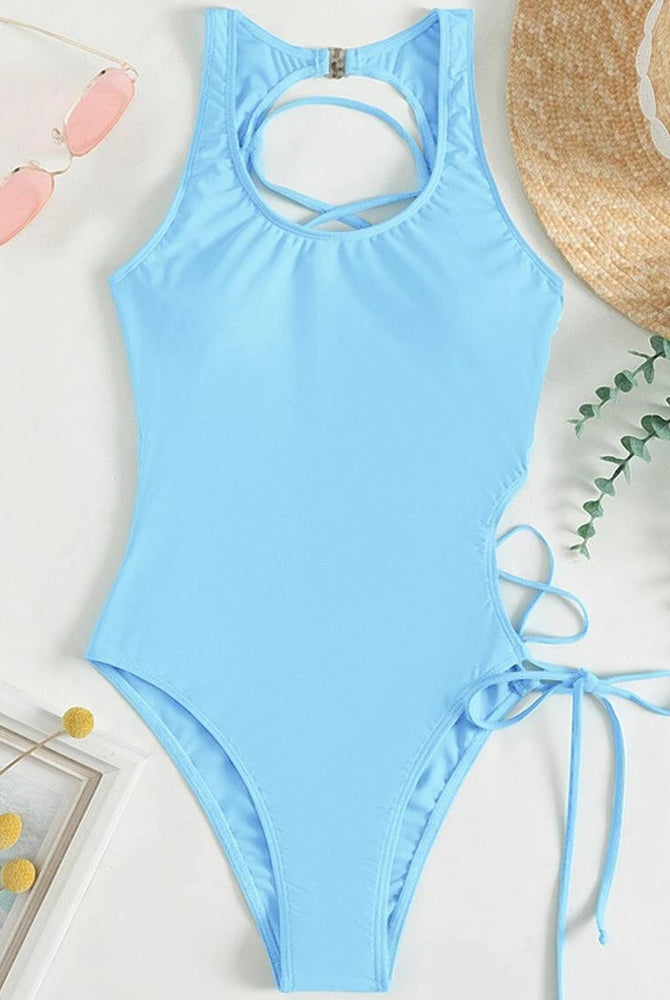 Light blue one-piece swimsuit with halter neck, open back, and side ties, perfect for a sexy look.