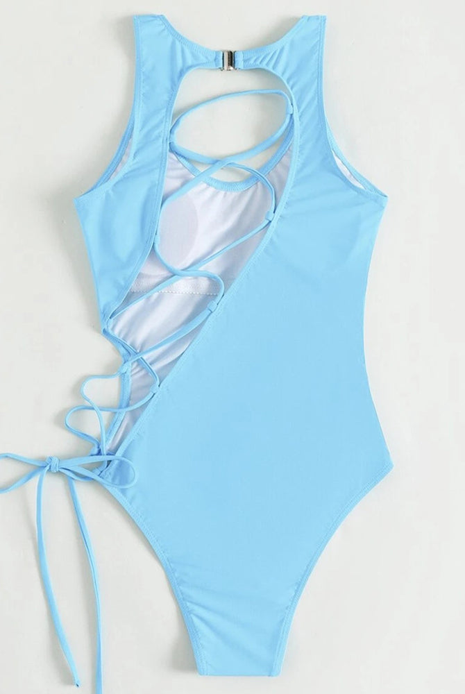 Light blue lace-up one-piece swimsuit with halter neck and side ties.