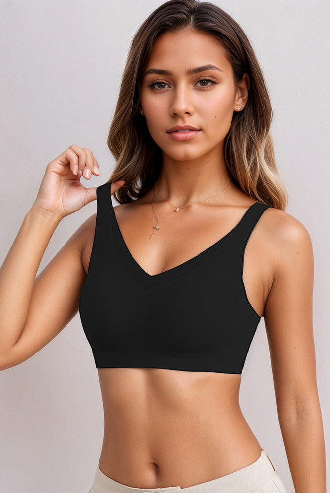 Black seamless push-up bra with V-neck and fixed straps, traceless and comfortable design