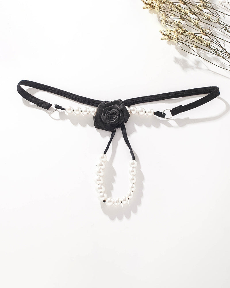 Black Pearl Rose Thong Panties with pearl accents, sexy lingerie for women.
