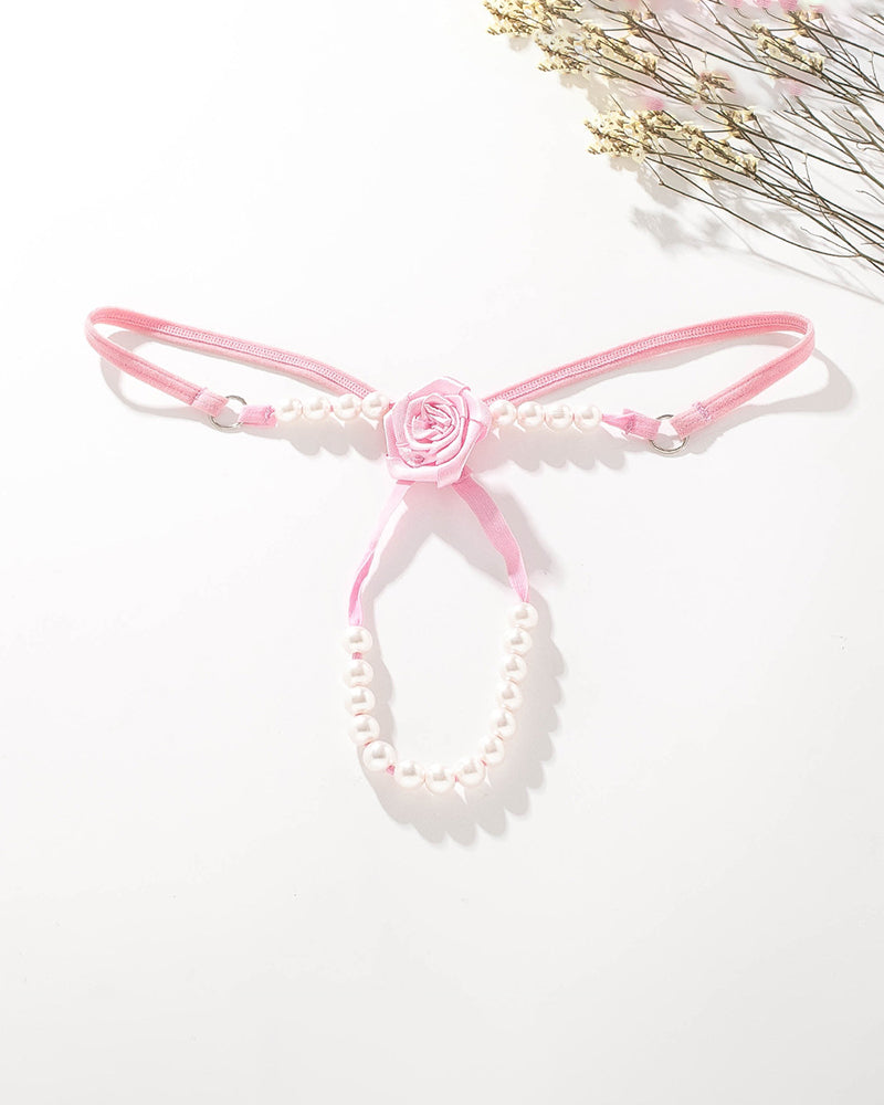 Pink Pearl Rose Thong Panties with pearl accents, perfect for a sexy and confident look.