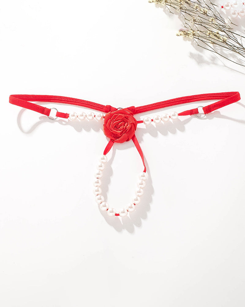 Red Pearl Rose See-Through Thong Panty with pearl accents and rose details, sexy lingerie for women.