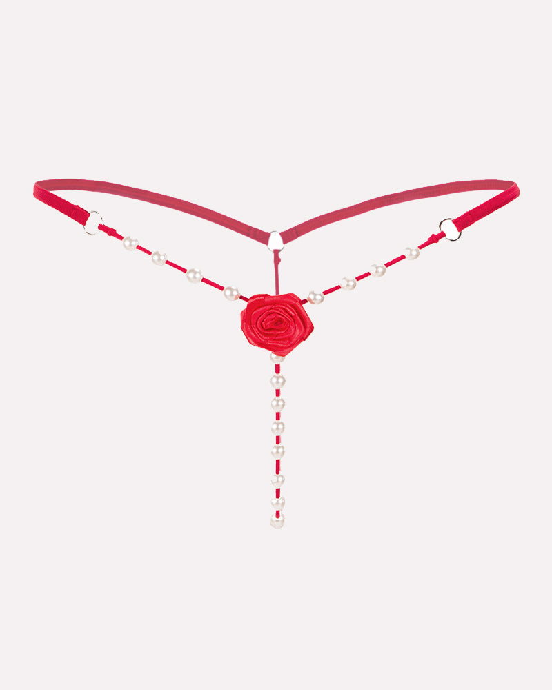 Red pearl rose thong, sheer design, pearl accents. Sexy, elegant lingerie for women.