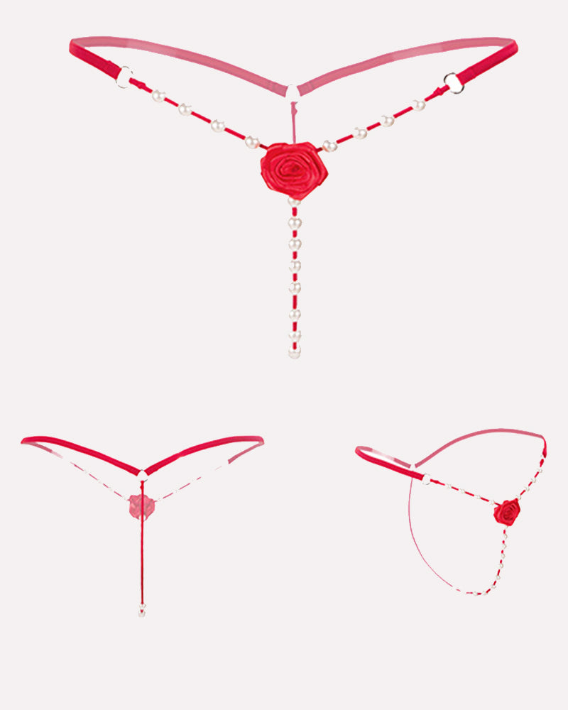 Red Pearl Rose See-Through Thong Panty with Pearl Accents, Sexy Lingerie for Women