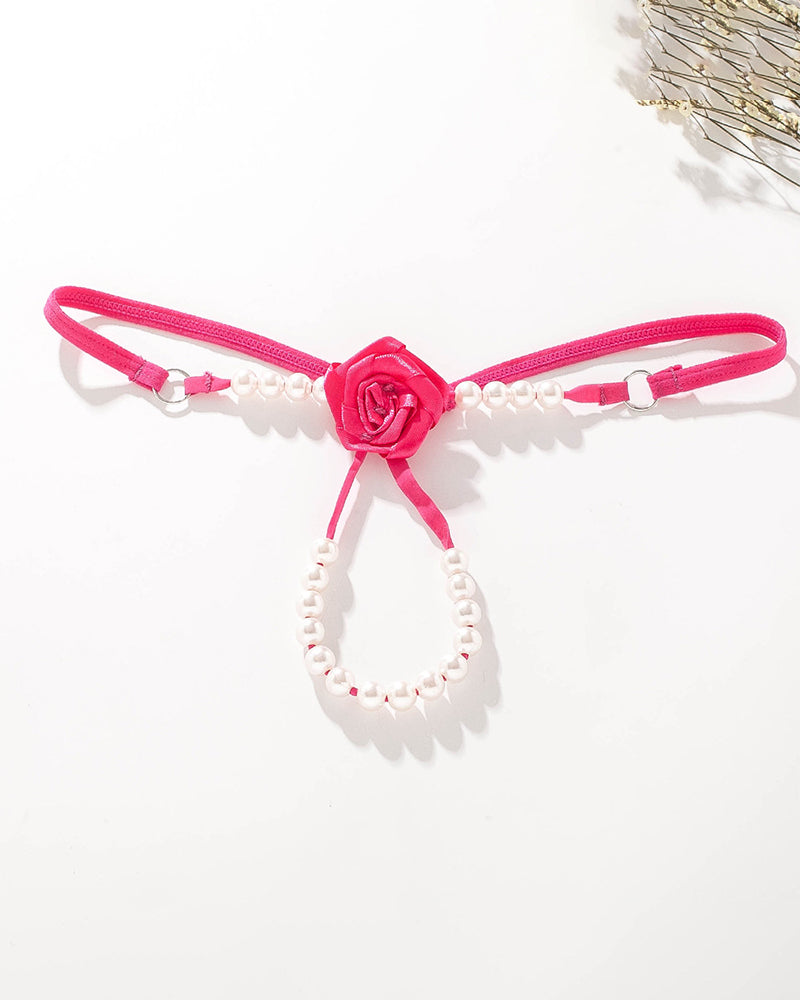 Pink Pearl Rose Thong Panty with pearl accents, sexy lingerie for women.