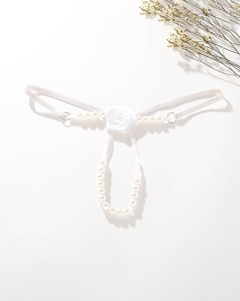 White Pearl Rose Thong Panty with pearl accents and rose details. Sexy lingerie.