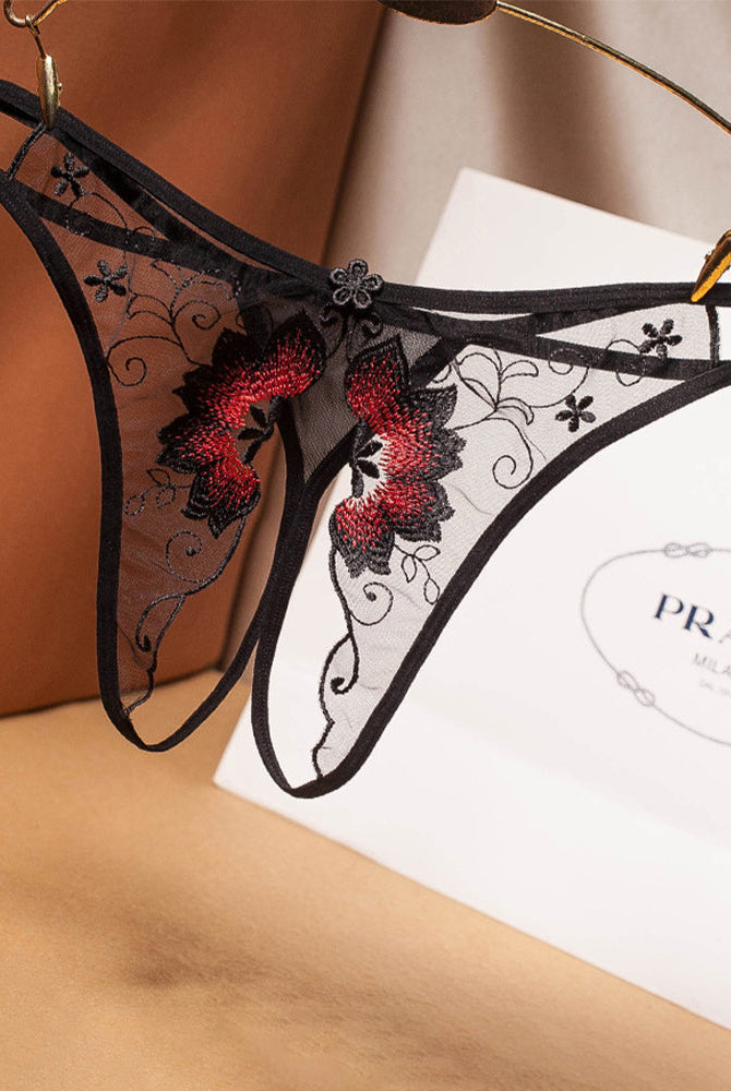 Black mesh crotchless thong with red floral embroidery, low rise design, sexy lingerie