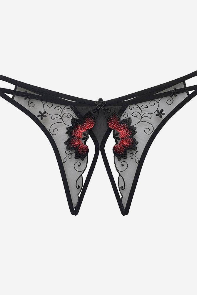 Black mesh crotchless thong with red floral embroidery, low rise, sexy lingerie