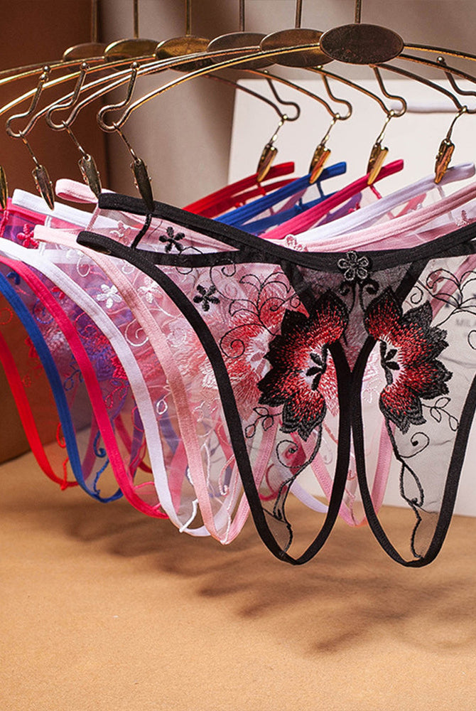 Embroidered mesh crotchless thongs, low rise, floral design, sexy lingerie