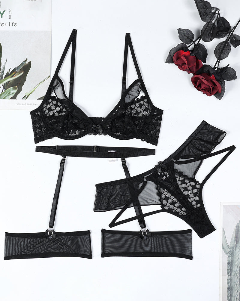 Black half cup mesh lingerie set with lace details, see-through design, sexy lingerie