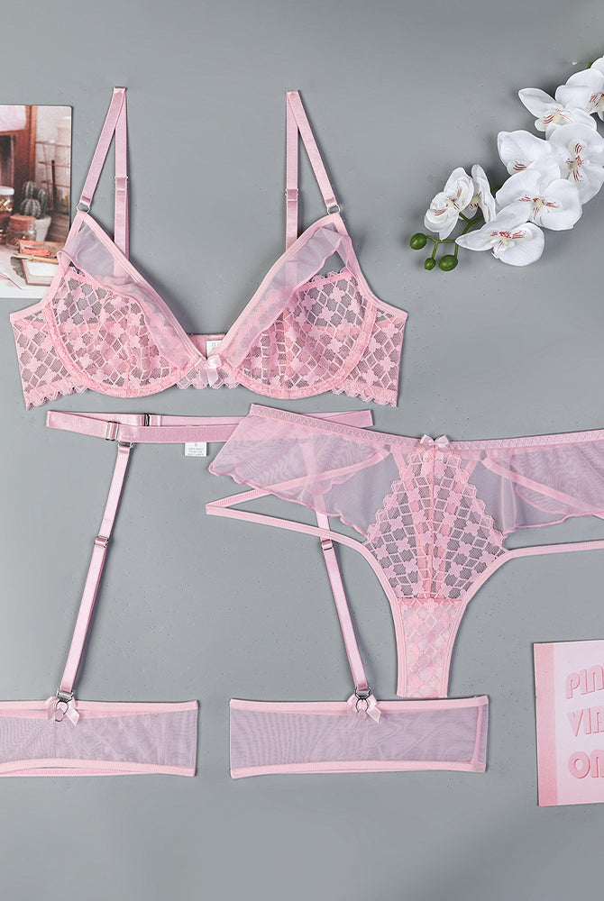 Pink lace and mesh half cup lingerie set, see-through design, with "PINK VIBES ONLY" card