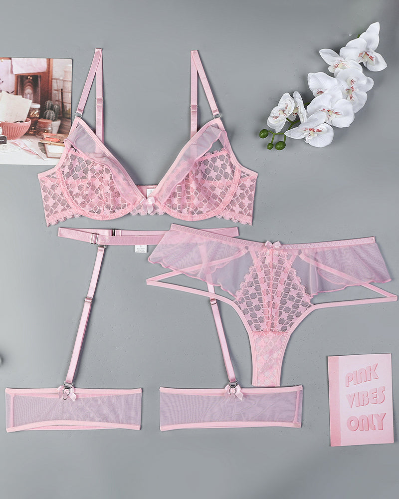 Pink lace and mesh half cup lingerie set, see-through design, with "PINK VIBES ONLY" card