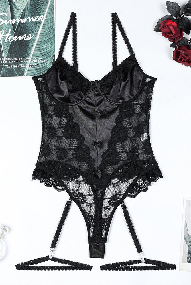 Black lace bow mesh bodysuit with garter straps, half-cup bra design, perfect for sensual lingerie.