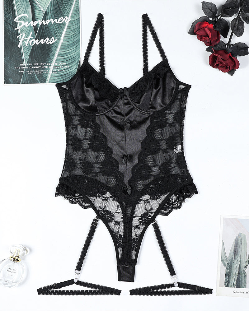 Black lace bow mesh bodysuit with garter straps, half-cup bra design, perfect for sensual lingerie.