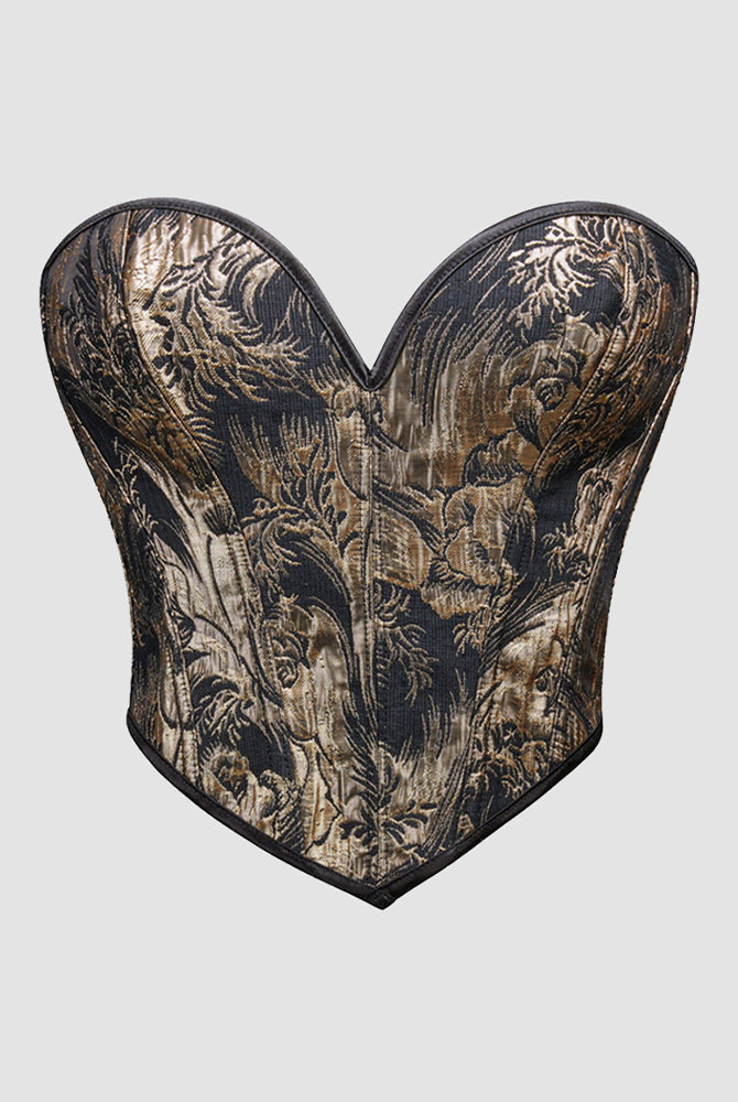 1950s black and gold floral corset, waist training design, perfect for parties and weddings