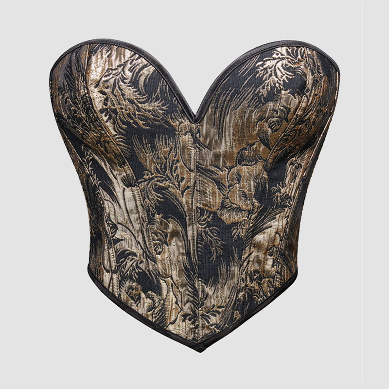 Black and gold waist training corset with floral brocade print and curved boning panels