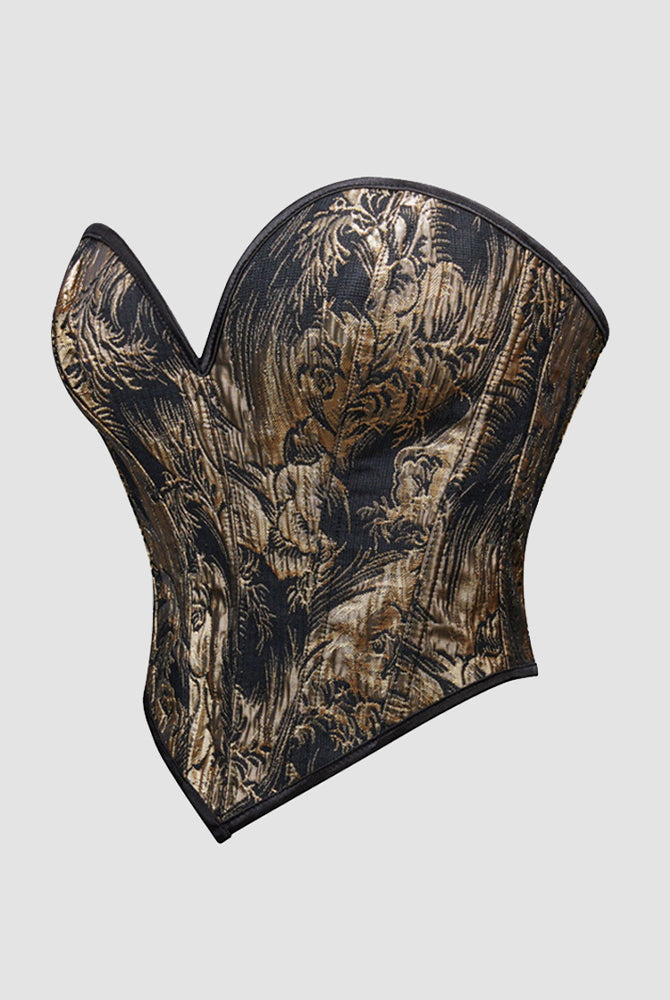 Black and gold floral 1950s corset, waist training design, ideal for parties and weddings