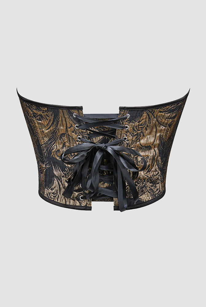 1950s black and gold floral corset with waist training design, perfect for parties and weddings