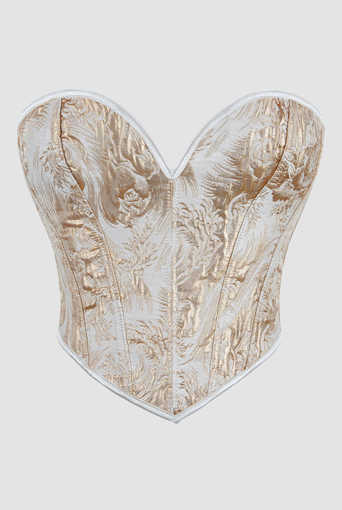 Cream and gold floral 1950s corset with waist training design, perfect for parties and weddings