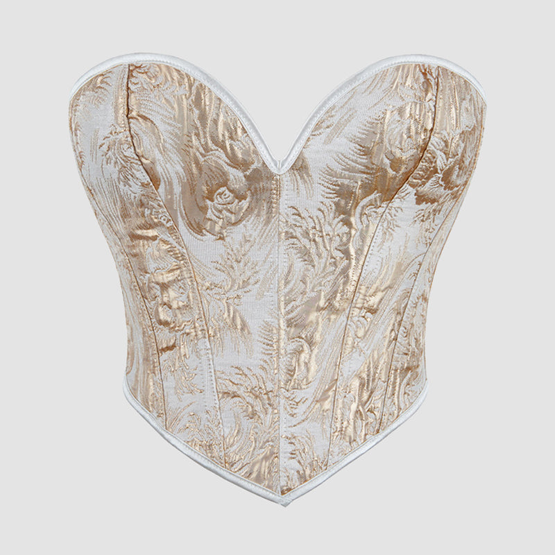 Light gold waist training corset with floral damask brocade and silver-toned edging