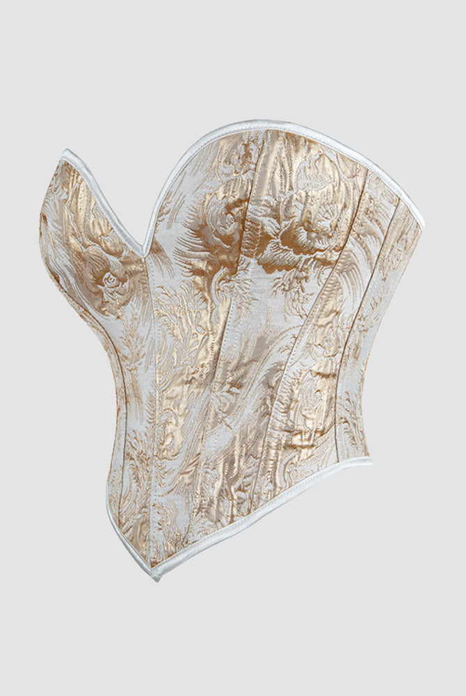 1950s black and gold floral corset, waist training design, ideal for parties and weddings