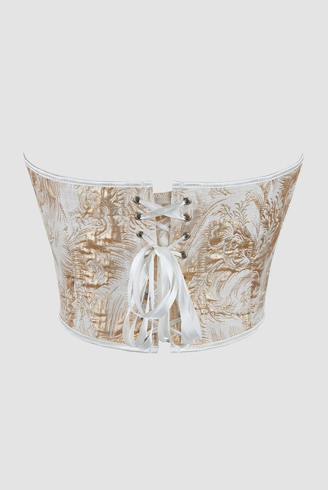 Cream and gold floral 1950s corset with waist training design, ideal for parties and weddings