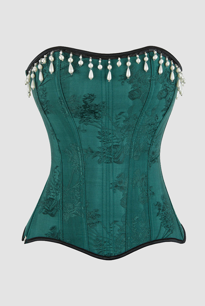 Dark green cotton corset with pearl-and-teardrop tassel trim and black edging
