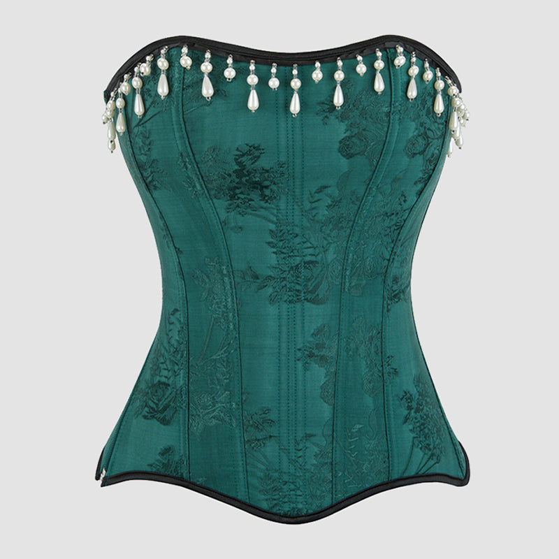 Dark green cotton corset with pearl-and-teardrop tassel trim and black edging