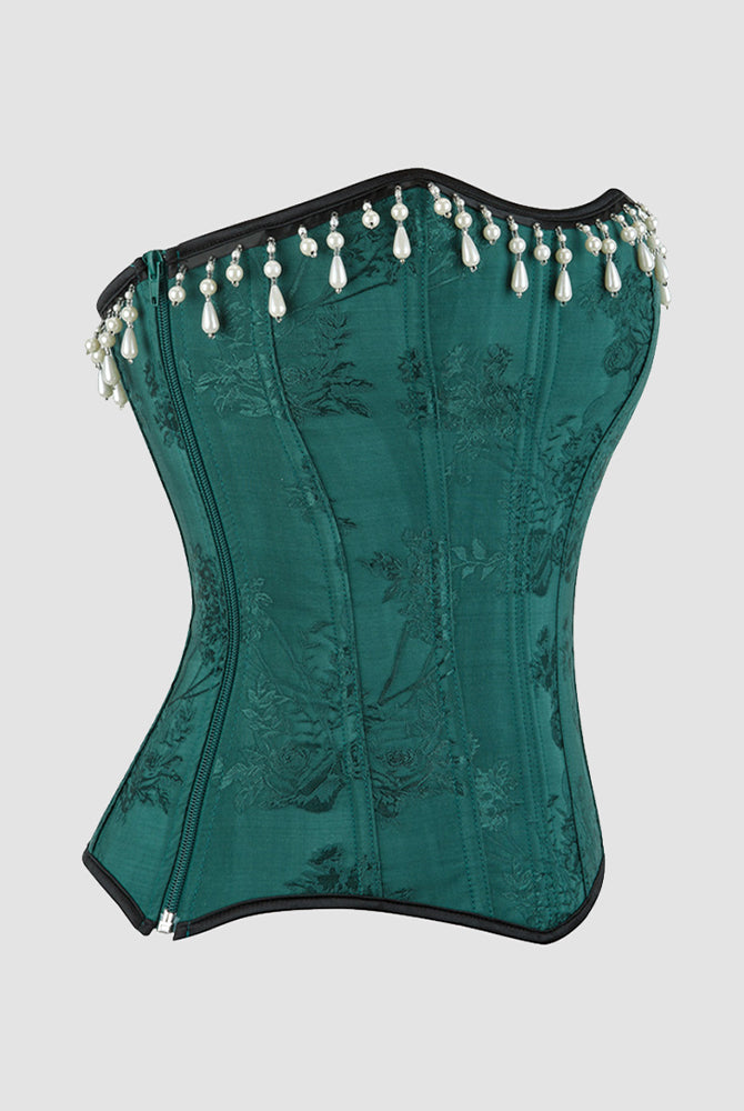 Dark green waist corset with pearl tassel trim and black trim, front view