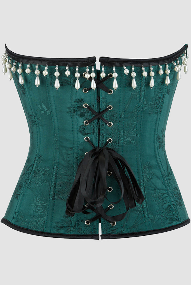 Dark green corset back with pearl-and-teardrop tassel trim and black lace-up ribbon
