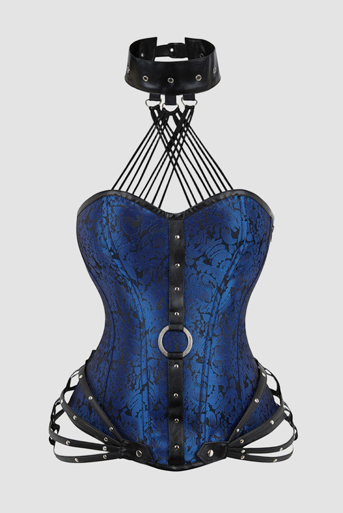 Blue floral 1980s corset with black leather accents and choker, perfect for parties and weddings