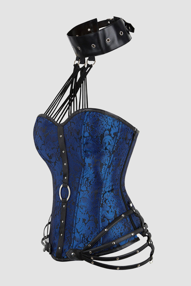 1980s blue floral corset with black leather accents and choker, ideal for parties and weddings