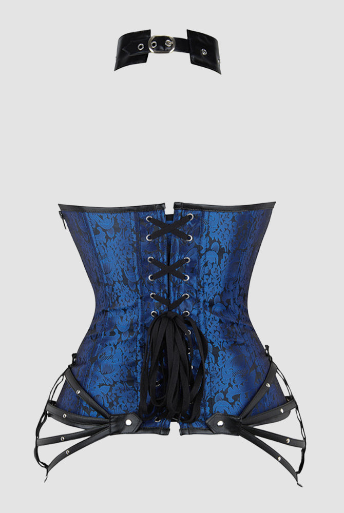Blue floral 1980s corset with black leather accents and choker, ideal for parties and weddings