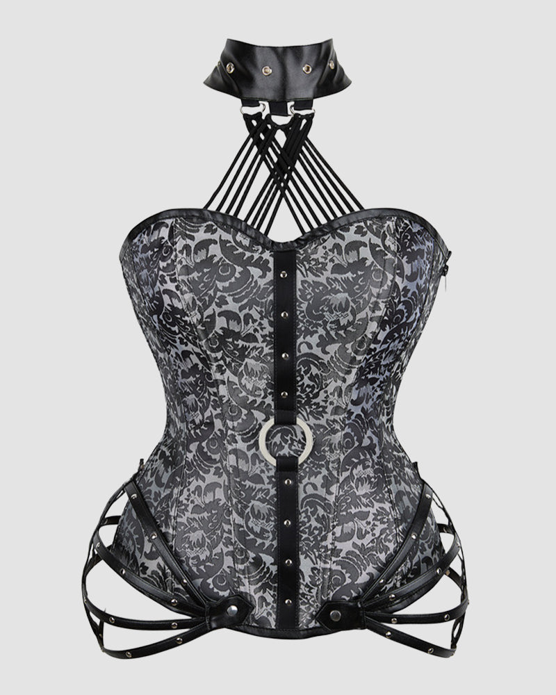 Grey-and-black damask corset with black boning, front lacing, and side zipper