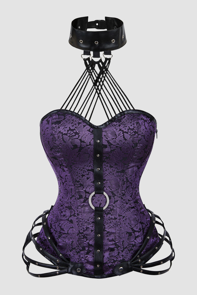 Purple floral corset with black leather accents and choker, ideal for parties and weddings.