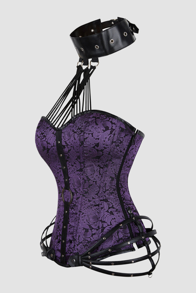 Purple floral corset with black leather accents and choker, perfect for parties and weddings