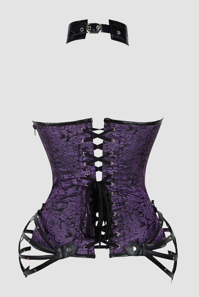 Purple floral 1980s corset with black leather accents and choker, ideal for parties and weddings