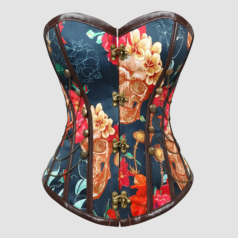 12-boned cotton corset, skull-themed floral print, bronze buttons, front lacing