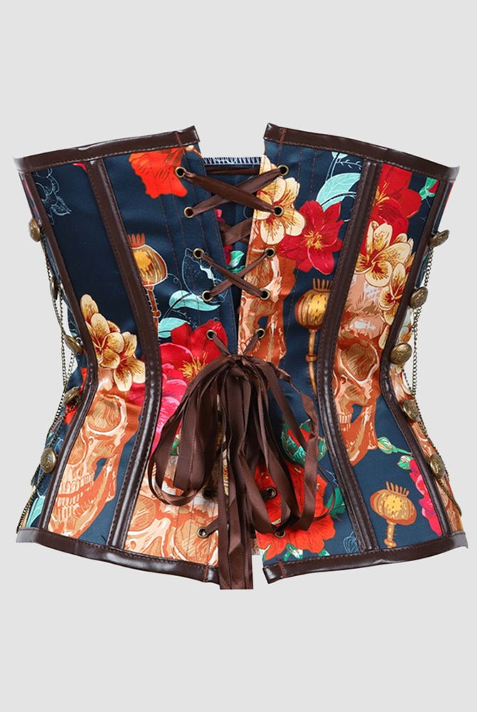 1950s corset with skull and floral print, high-strength fabric, perfect for parties and weddings