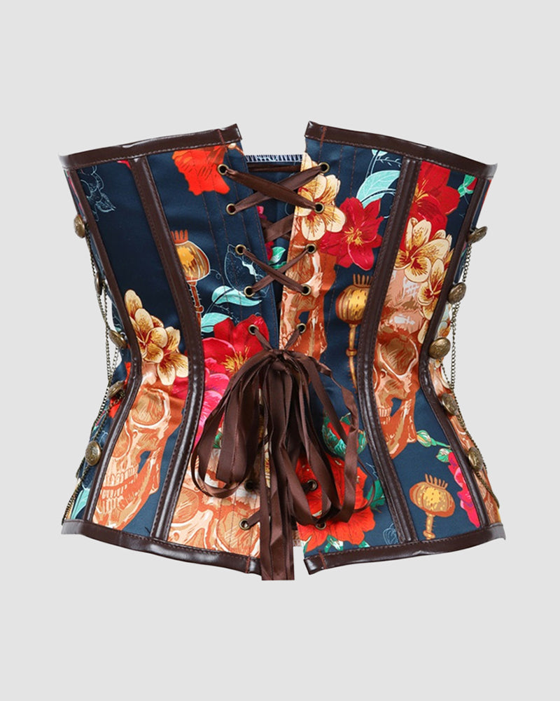 1950s corset with skull and floral print, high-strength fabric, perfect for parties and weddings