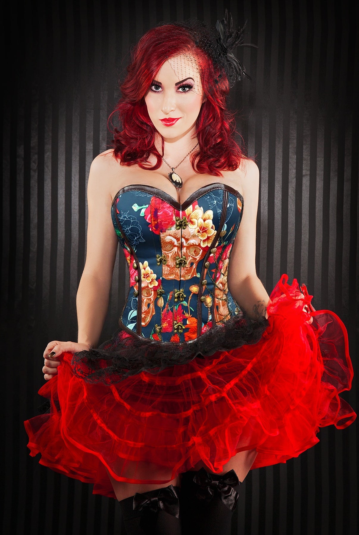 1950s skull print corset with red tutu skirt, ideal for parties and weddings