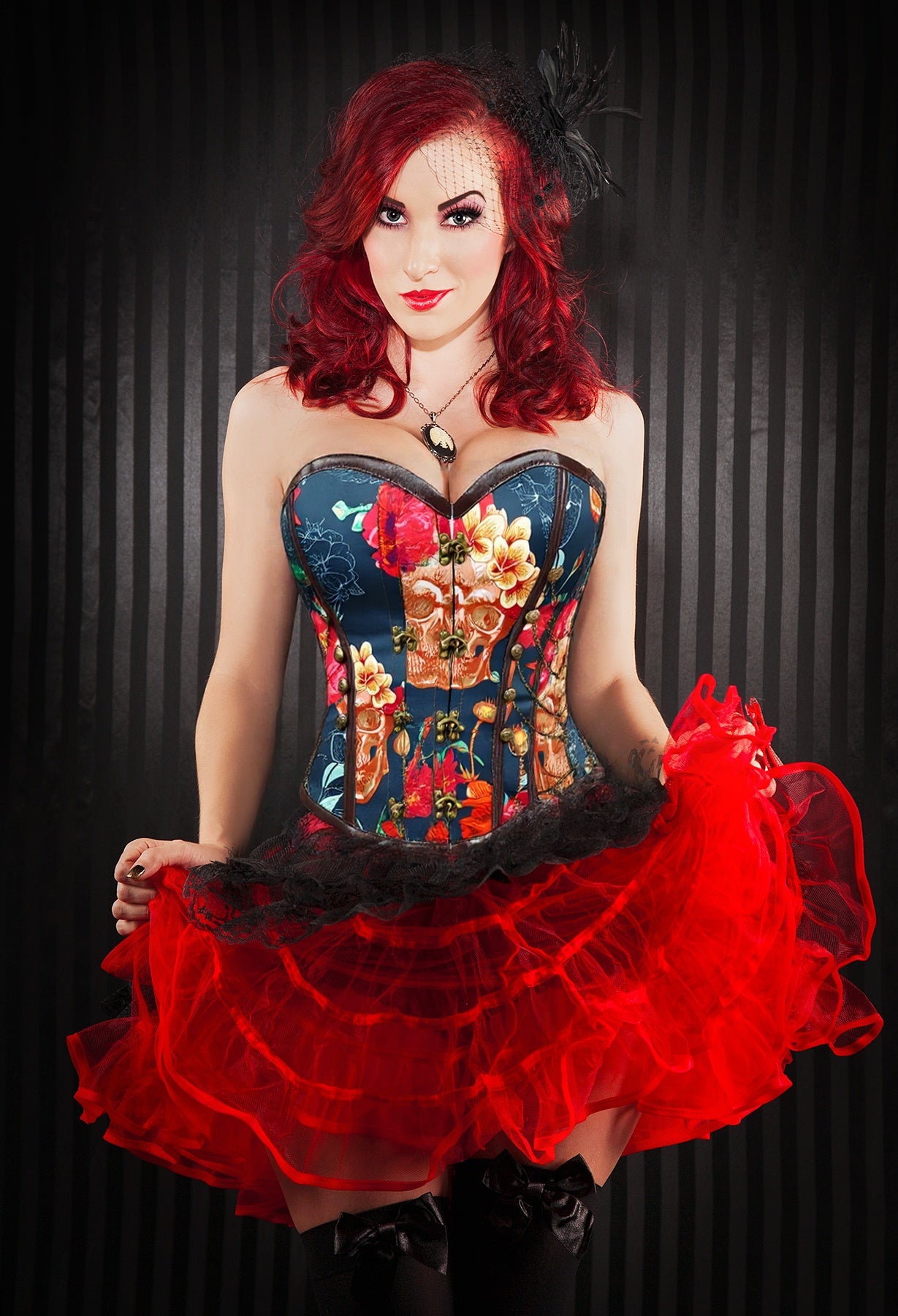 1950s skull print corset with red tutu skirt, ideal for parties and weddings