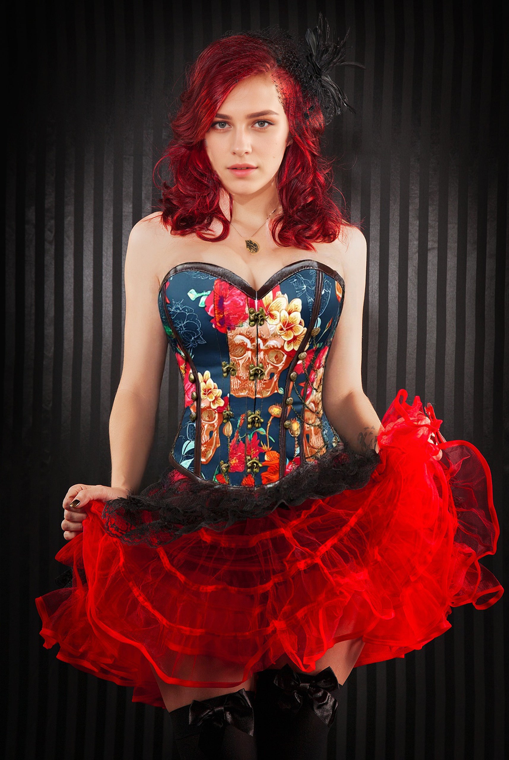 1950s skull print corset with red skirt, perfect for parties and weddings.