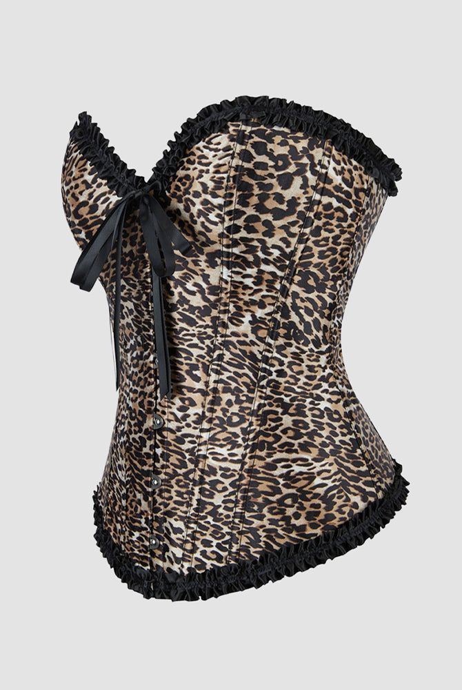 Leopard print corset with black ruffle trim and bow, vintage-inspired lingerie