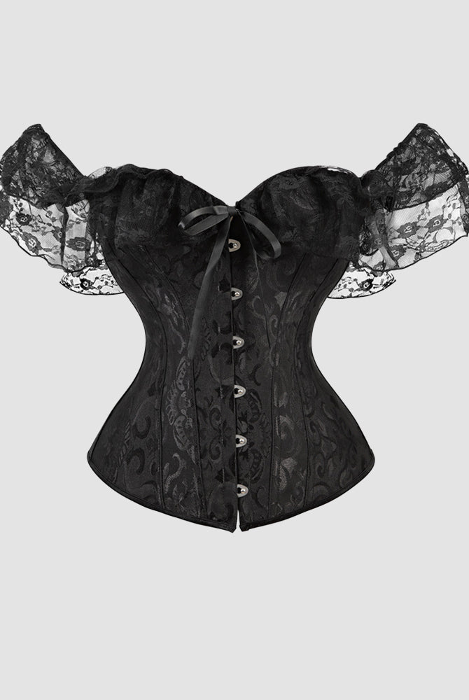 Black 1950s Jacquard Lace Corset with Off-Shoulder Sleeves