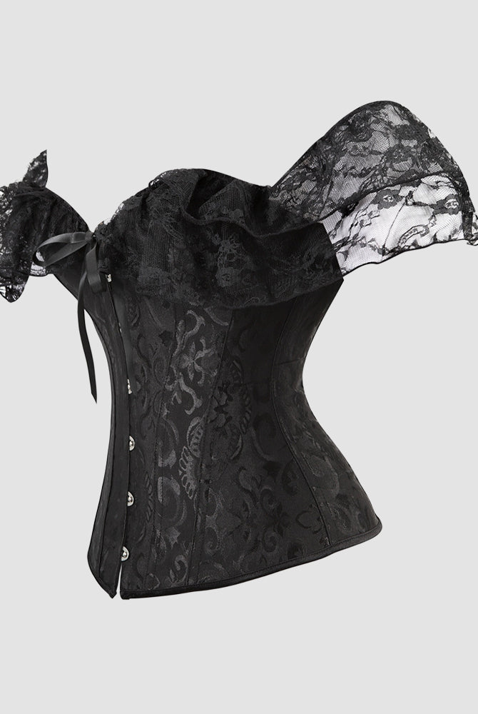 Vintage black jacquard lace corset, off-shoulder sleeves. Elegant, bold statement piece.