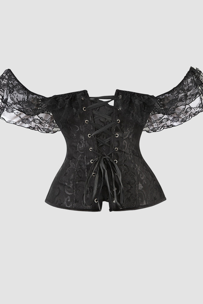 Vintage black jacquard lace corset with off-shoulder sleeves