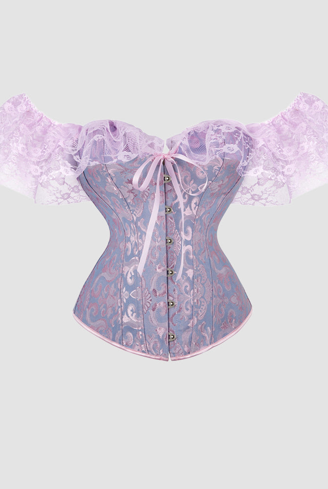 1950s Jacquard Lace Corset with Off-Shoulder Sleeves in Blue and Pink